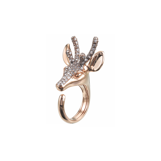 Handcrafted and made of 18k rose gold, with the highest attention to detail. The antlers, forehead and nose are adorned with precious white and silver diamonds. A true signature piece, the Deer ring design by Oliver Heemeyer and definitely an eye-catcher.