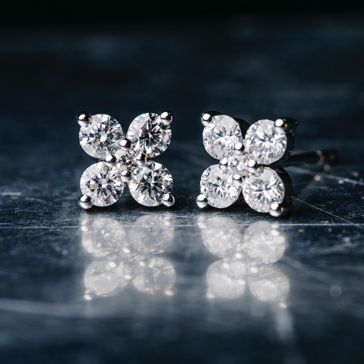 Oliver Heemeyer Flower Diamond Ear Studs made of 18k white gold. Different perspective.