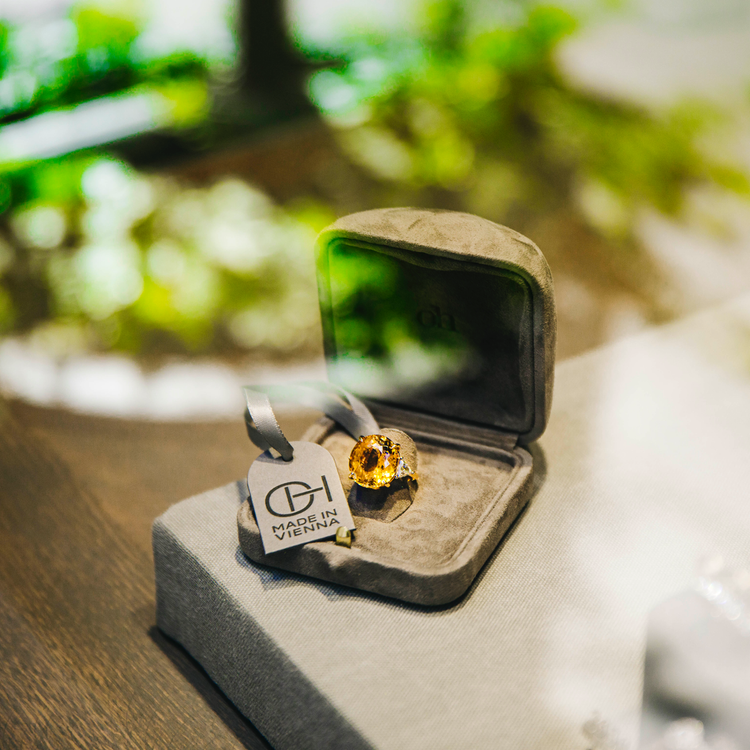 Oliver Heemeyer Honey Tourmaline diamond ring in a ring box.