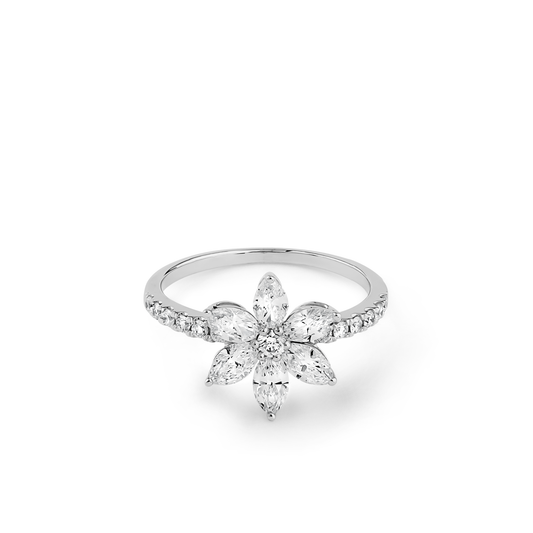 Oliver Heemeyer Marquise Flower Diamond Ring made of 18k white gold.