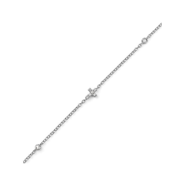 Oliver Heemeyer Mini Diamond Cross Infinity Bracelet in 18k white gold. Close up.