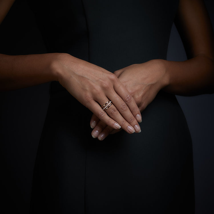 Woman wearing the Oliver Heemeyer Dance diamond ring.