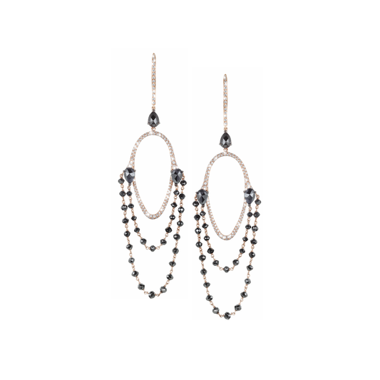 Crafted in 18k rose gold and adorned with 33 black diamonds accompanied by numerous diamonds the black chandelier earrings are a Oliver Heemeyer masterpiece.