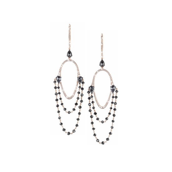 Crafted in 18k rose gold and adorned with 33 black diamonds accompanied by numerous diamonds the black chandelier earrings are a Oliver Heemeyer masterpiece.