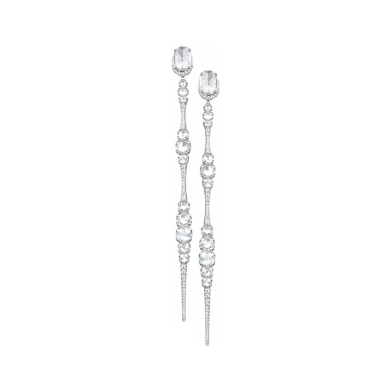 Oliver Heemeyer 18k white gold Ice earrings designed in the shape of a icicle and adorned with diamonds.