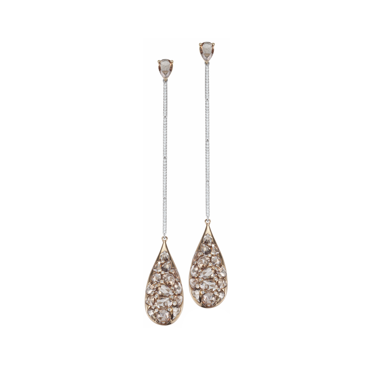 Oliver Heemeyer Lena 18k white gold diamond earrings - a modern interpretation of the classic diamond drop earring set with sparkling cognac coloured and white diamonds.