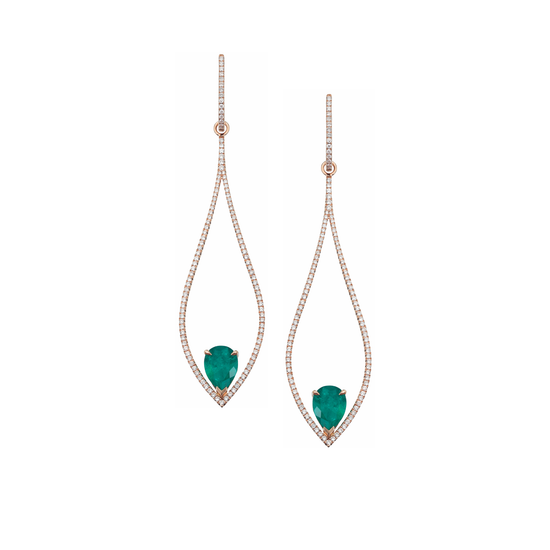 The Oliver Heemeyer 18k rose gold chandelier earrings are adorned with numerous diamonds and refined with two drop shaped Colombian emeralds.