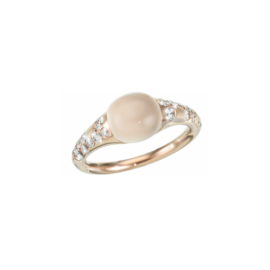 Oliver Heemeyer Moonstone diamond ring crafted in 18k rose gold featuring a white moonstone in its center. Sparkling diamonds accentuate this contemporary design.