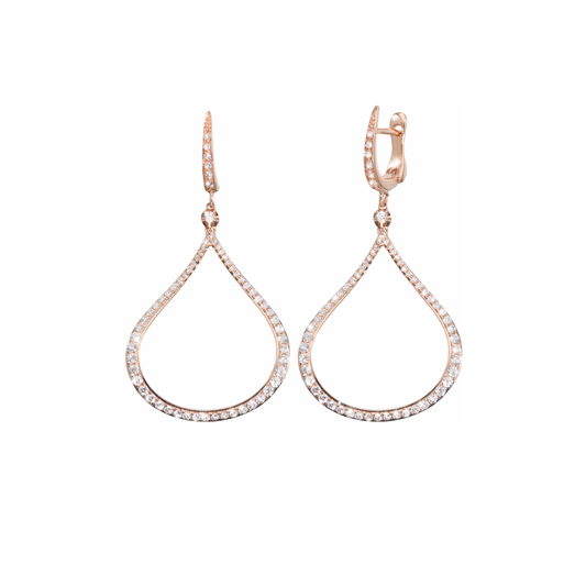 The Oliver Heemeyer Splash earrings are made of 18k rose gold. Set with diamonds, finished off with a single diamond on its top and dangling on a golden u-shape mini hoop.