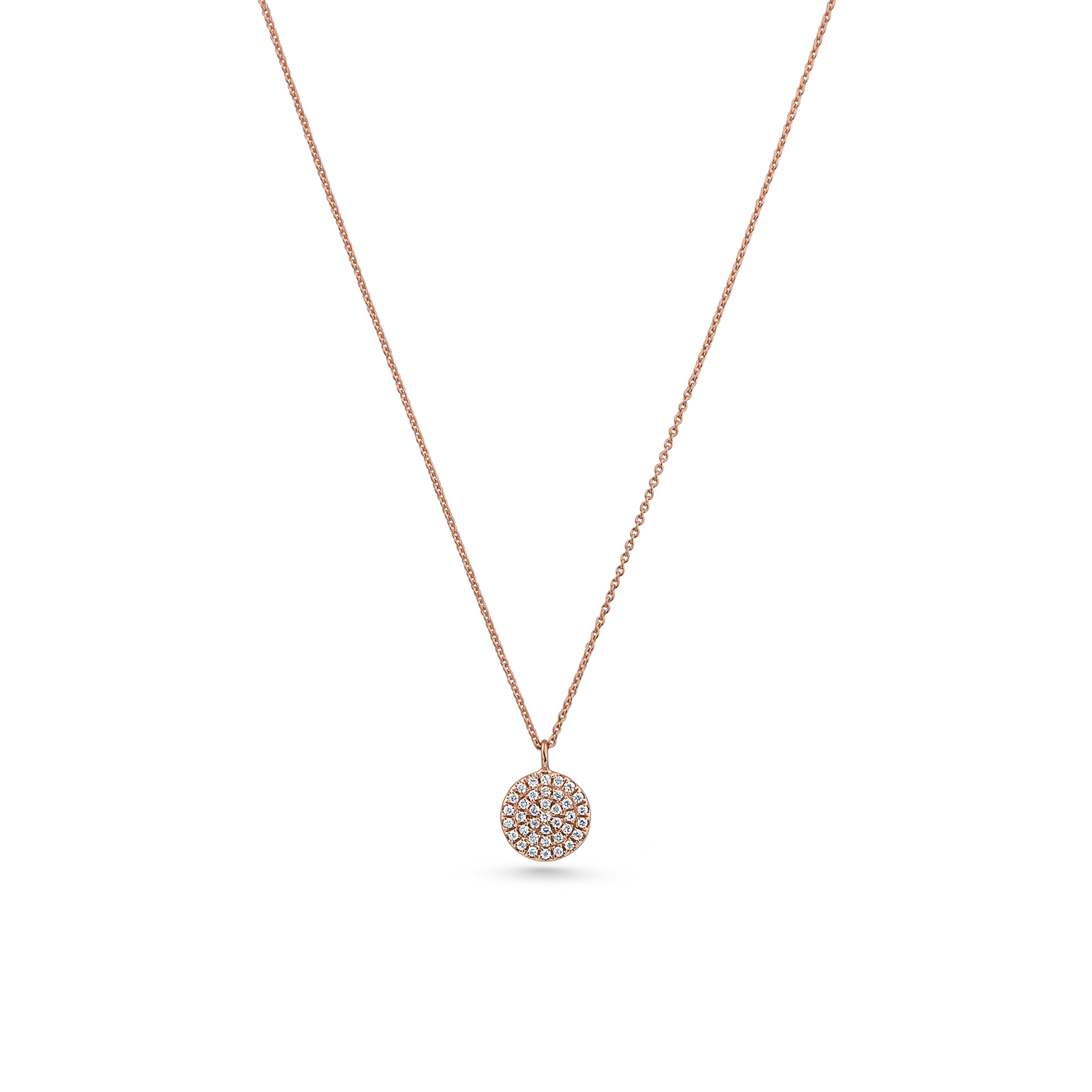 Oliver Heemeyer round tag diamond pendant made of 18k rose gold. Pendant on a chain.
