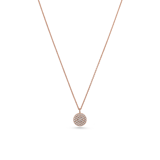 Oliver Heemeyer round tag diamond pendant made of 18k rose gold. Pendant on a chain.