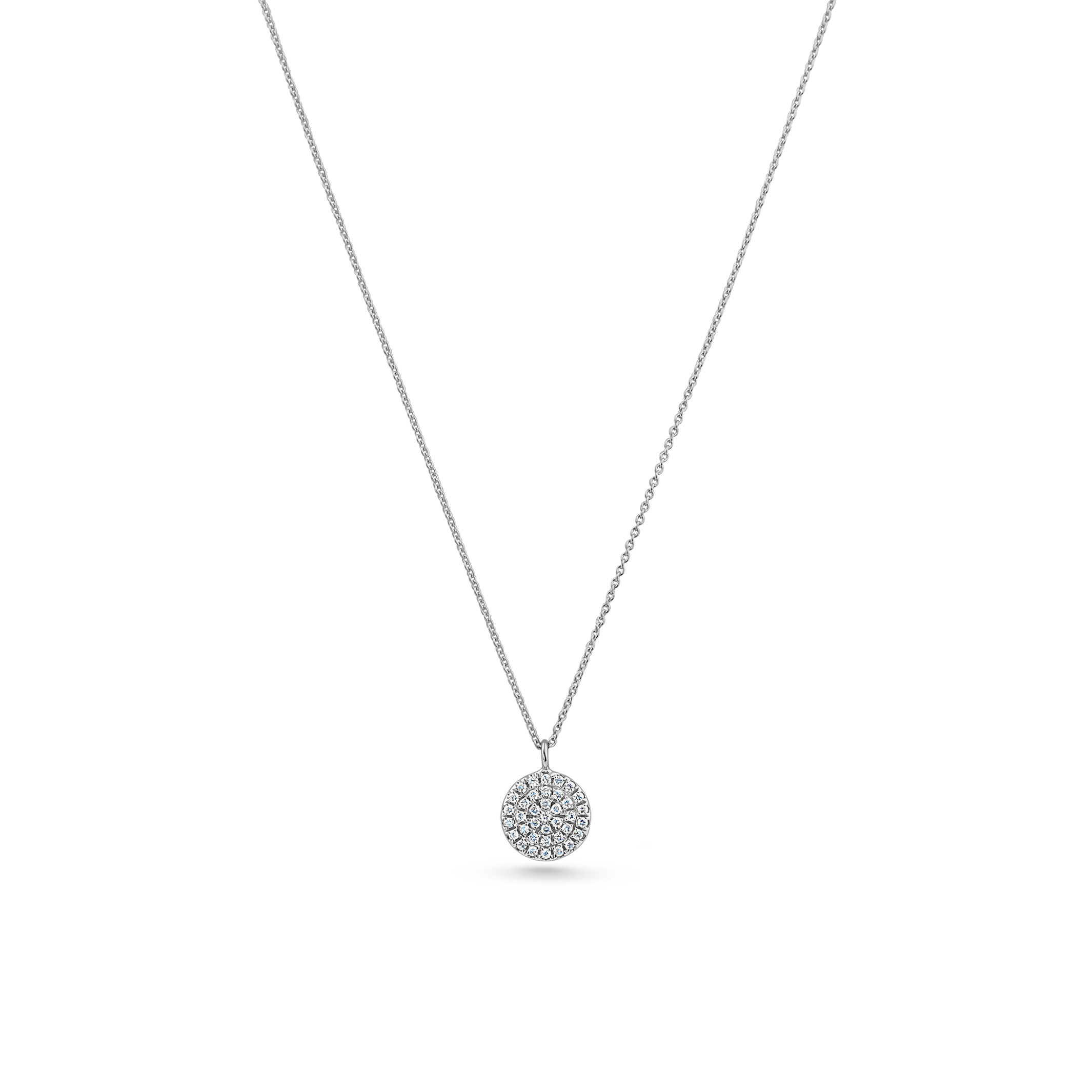 Oliver Heemeyer round tag diamond pendant made of 18k white gold. Pendant on a chain.