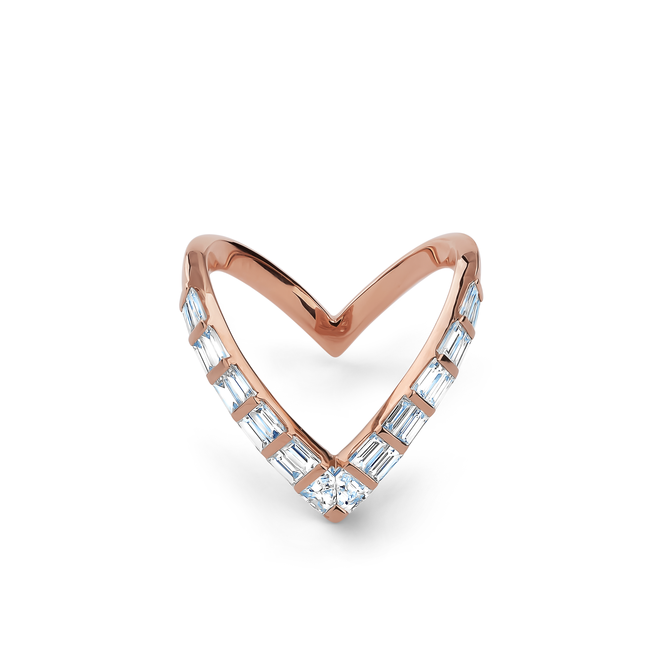 Oliver Heemeyer Valeria baguette cut diamond ring made of 18k rose gold.